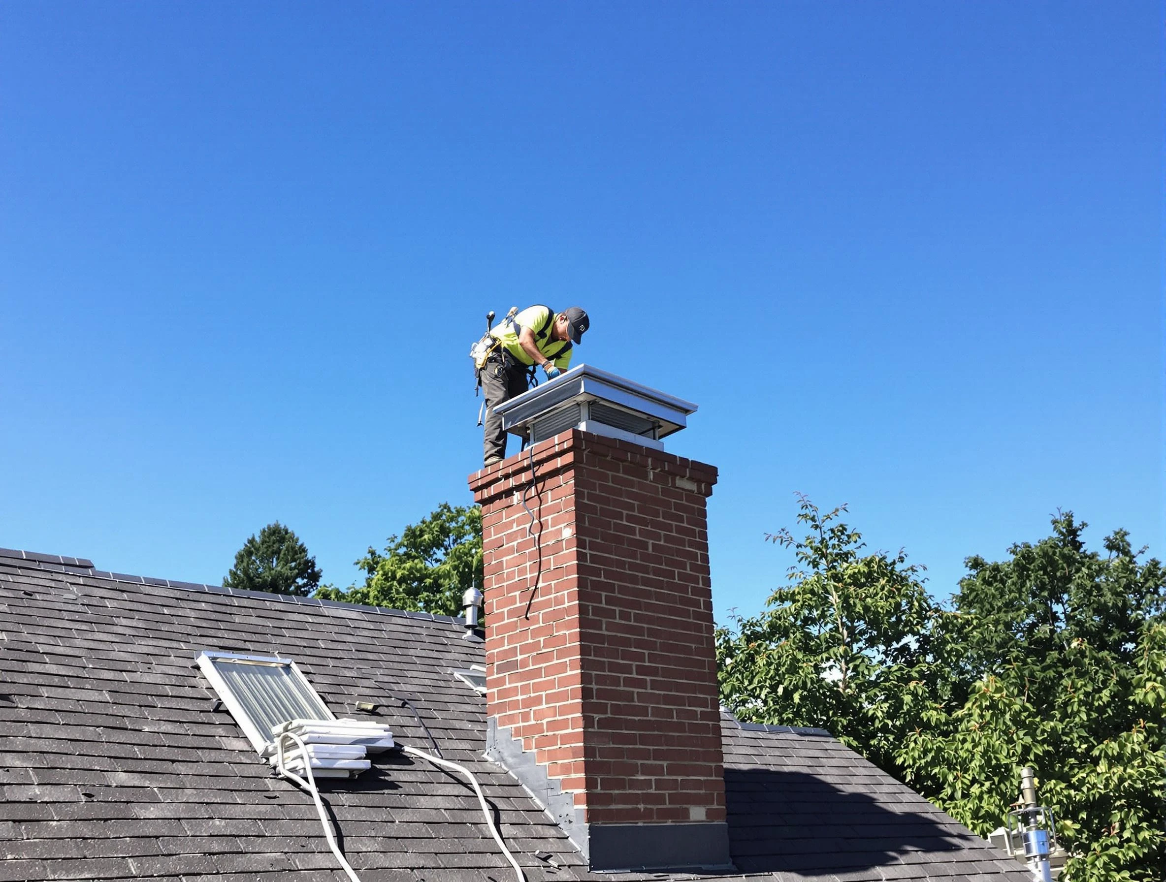 Danvers Chimney Sweep technician measuring a chimney cap in Danvers, MA